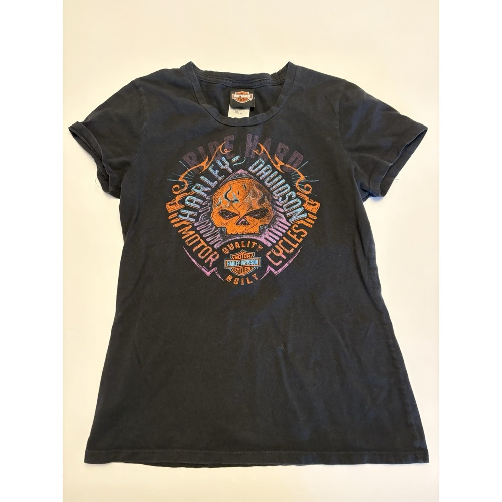 Harley Davidson Skull Graphic T Shirt Womens M Black Biker USA Y2K 2000s Style